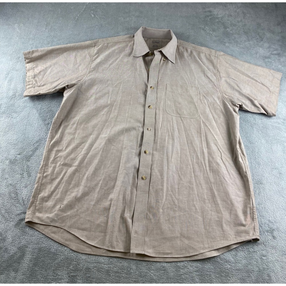 LL Bean Mens Tan Short Sleeve Button Down Shirt XL Reg Casual Pocket
